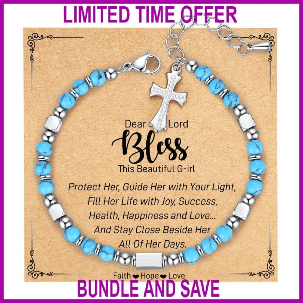 Adjustable Stainless Steel Cross Bracelet with Gemstones, Christian Gift